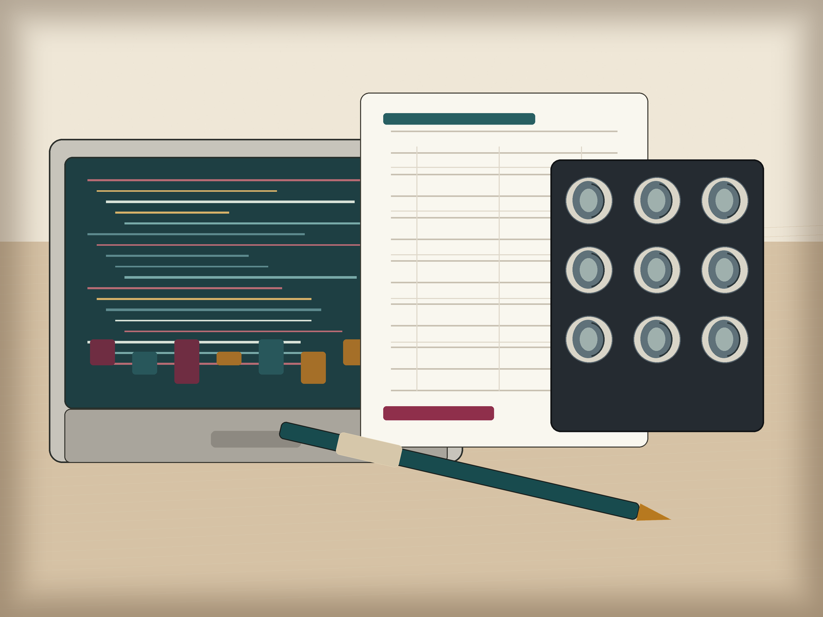 A stylized desk with clinical notes, neuroimaging, and code-like research materials.